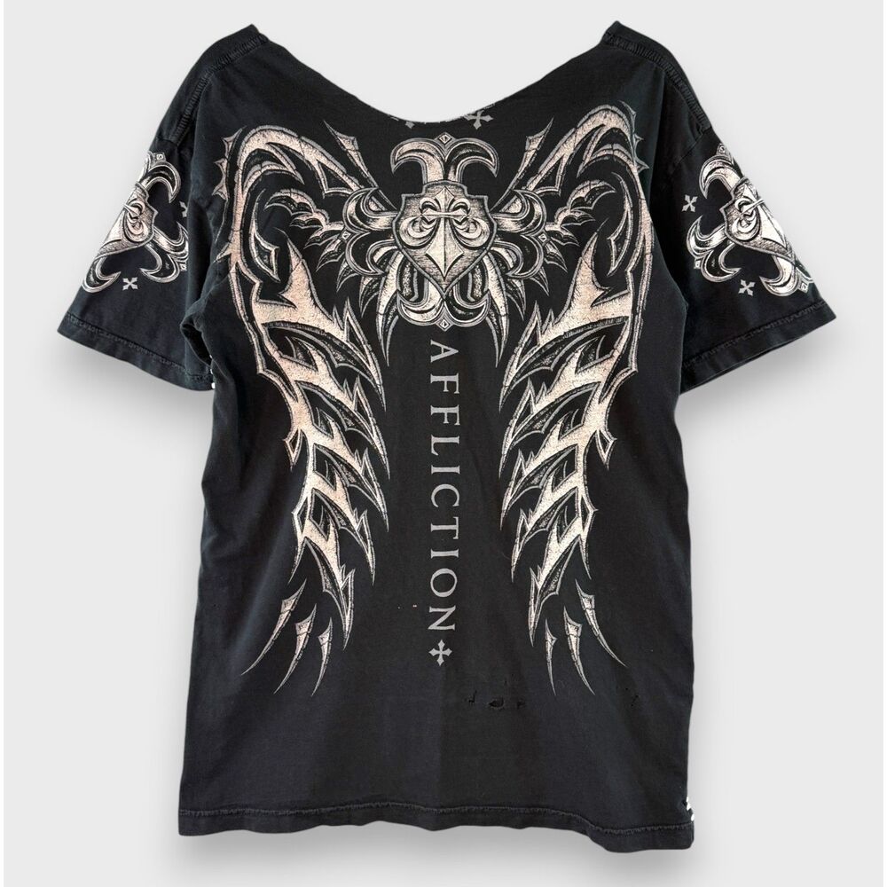 Y2K Black Affliction Graphic T-Shirt Crucifix Detail White Stitching Goth Sz L